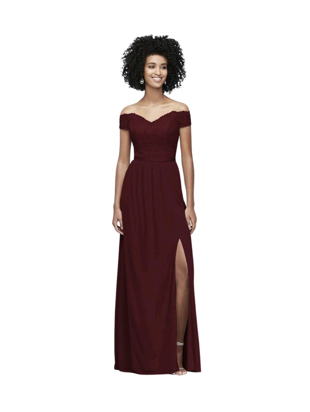 David's Bridal Off-the-Shoulder Lace Bridesmaid Dress Size 10 Wine Chiffon NEW